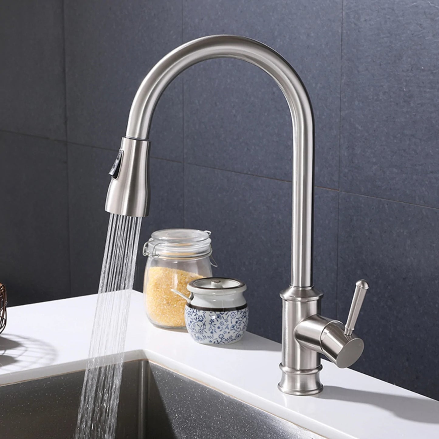 Single Handle Pull out Kitchen Faucet in Brushed Nickel