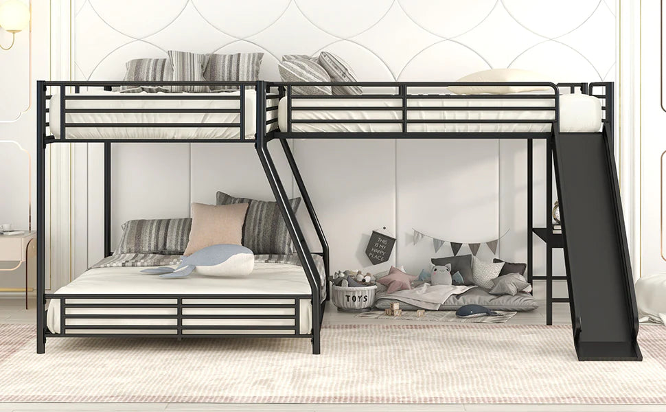 L Shaped Twin over Full Bunk Bed with Twin Size Loft Bed Built in Desk and Slide in Black