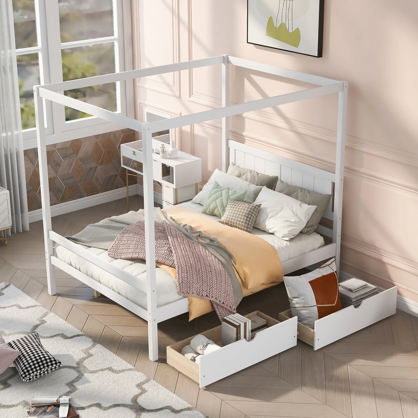 Canopy Platform Bed with Two Drawers With Slat Support Leg in White