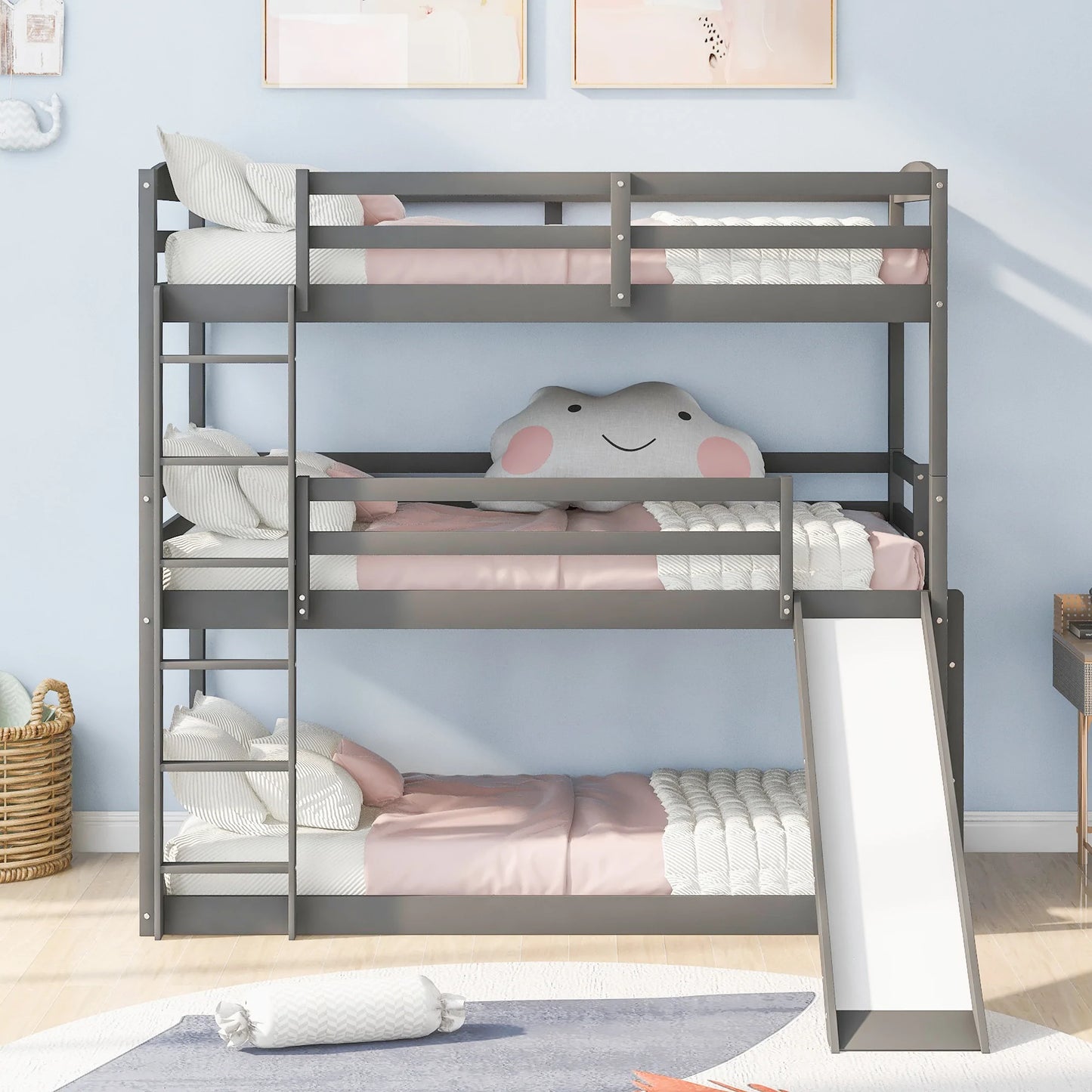 Adjustable Triple Bunk Bed with Ladder and Slide in Gray