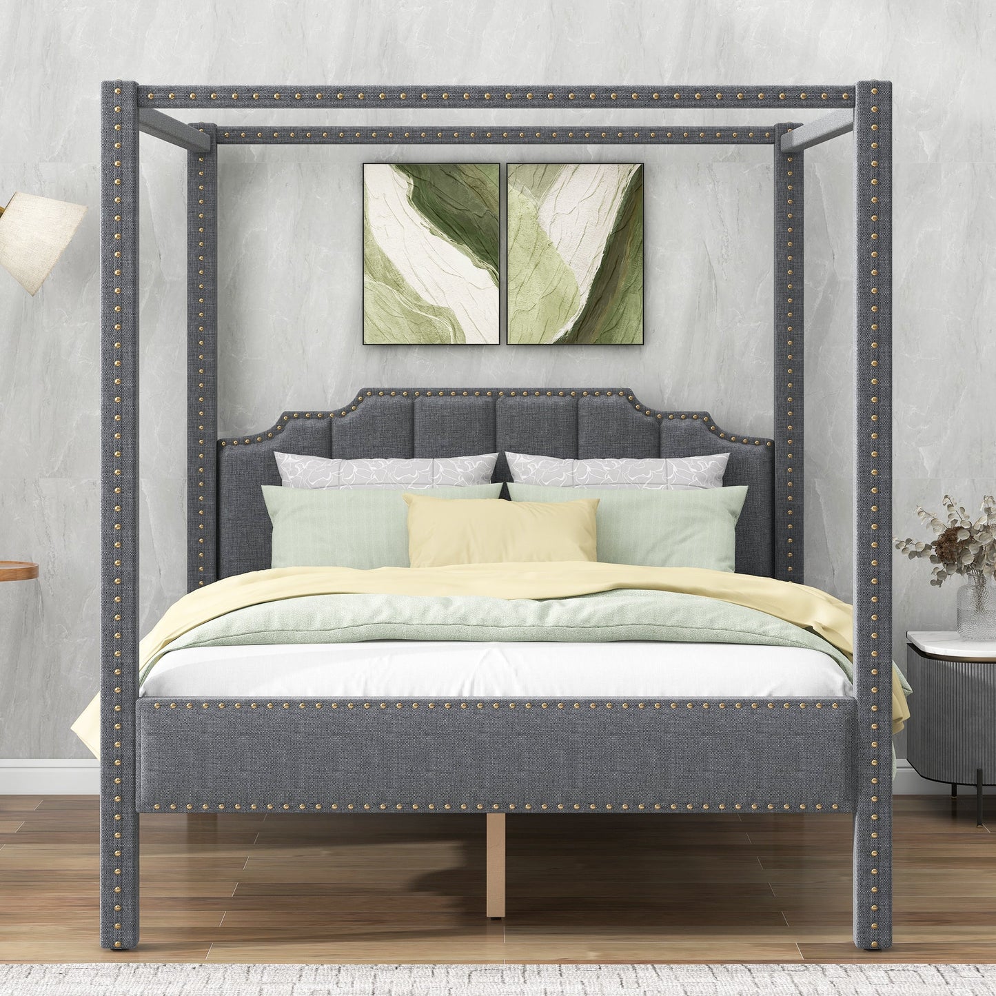 Upholstery Canopy Platform Bed Headboard Support Legs in Gray