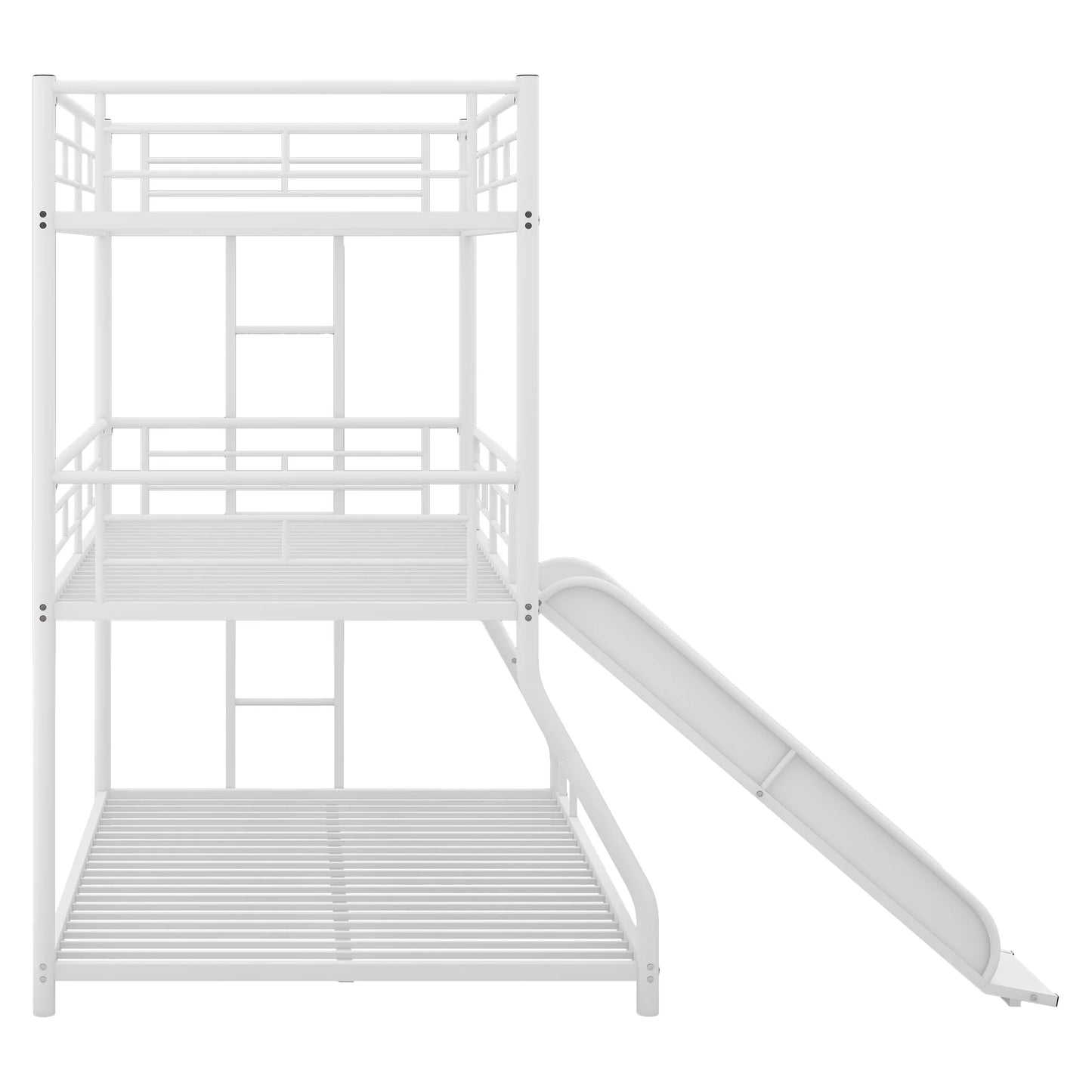Full Triple Bunk Bed with Long and Short Ladder and Full Length Guardrails in Black