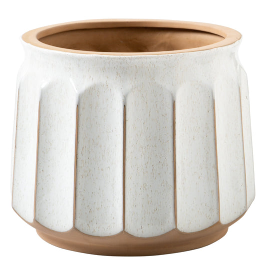 Round White and Brown Ceramic Striped with Drainage Hole 14 Inches