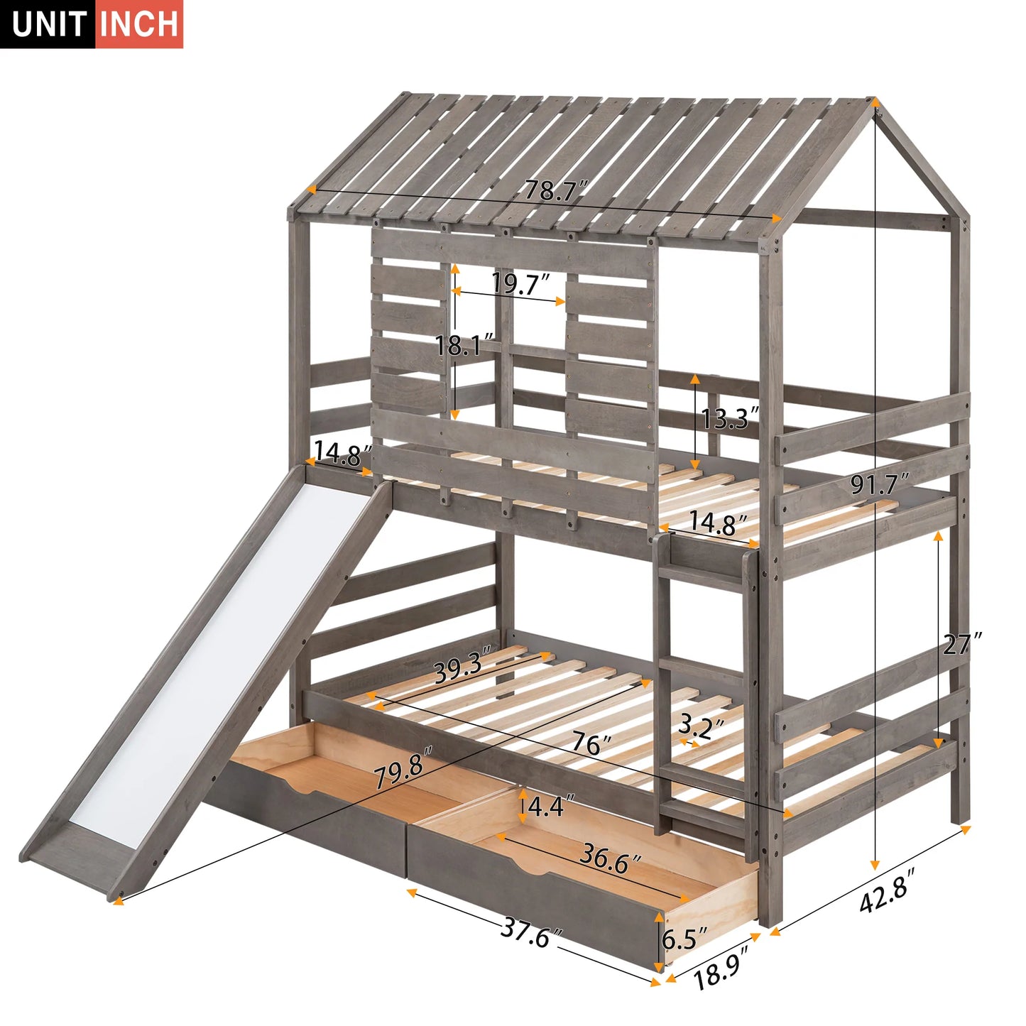 House Bunk Bed with Convertible Slide and Two Drawers in Antique Gray