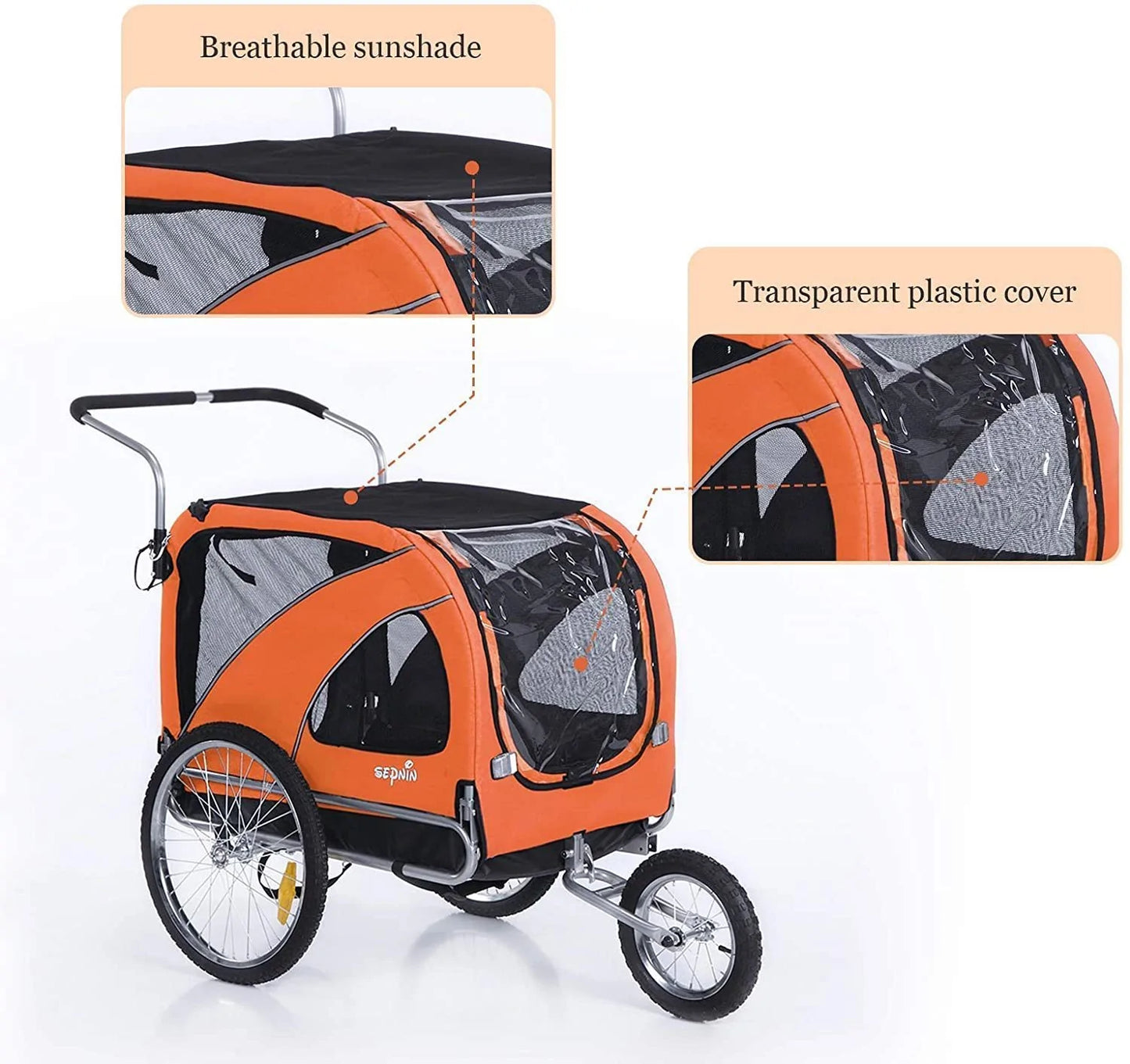 Pet Bicycle Trailer and Jogger 2 in 1 Function Large Orange