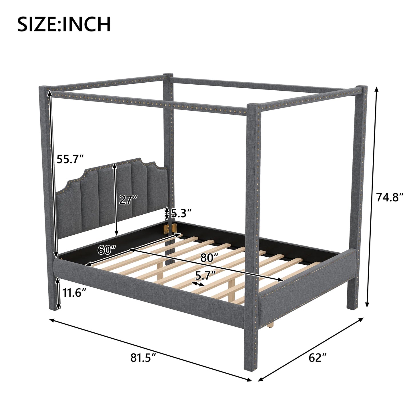 Upholstery Canopy Platform Bed Headboard Support Legs in Gray
