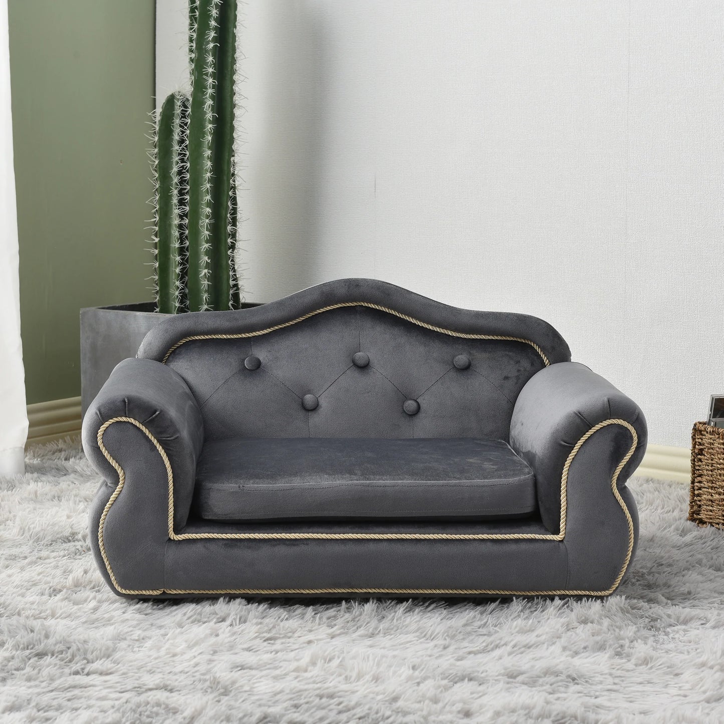 Pet Sofa with Buttons And Beige Rope Lines in 27 Inches Gray