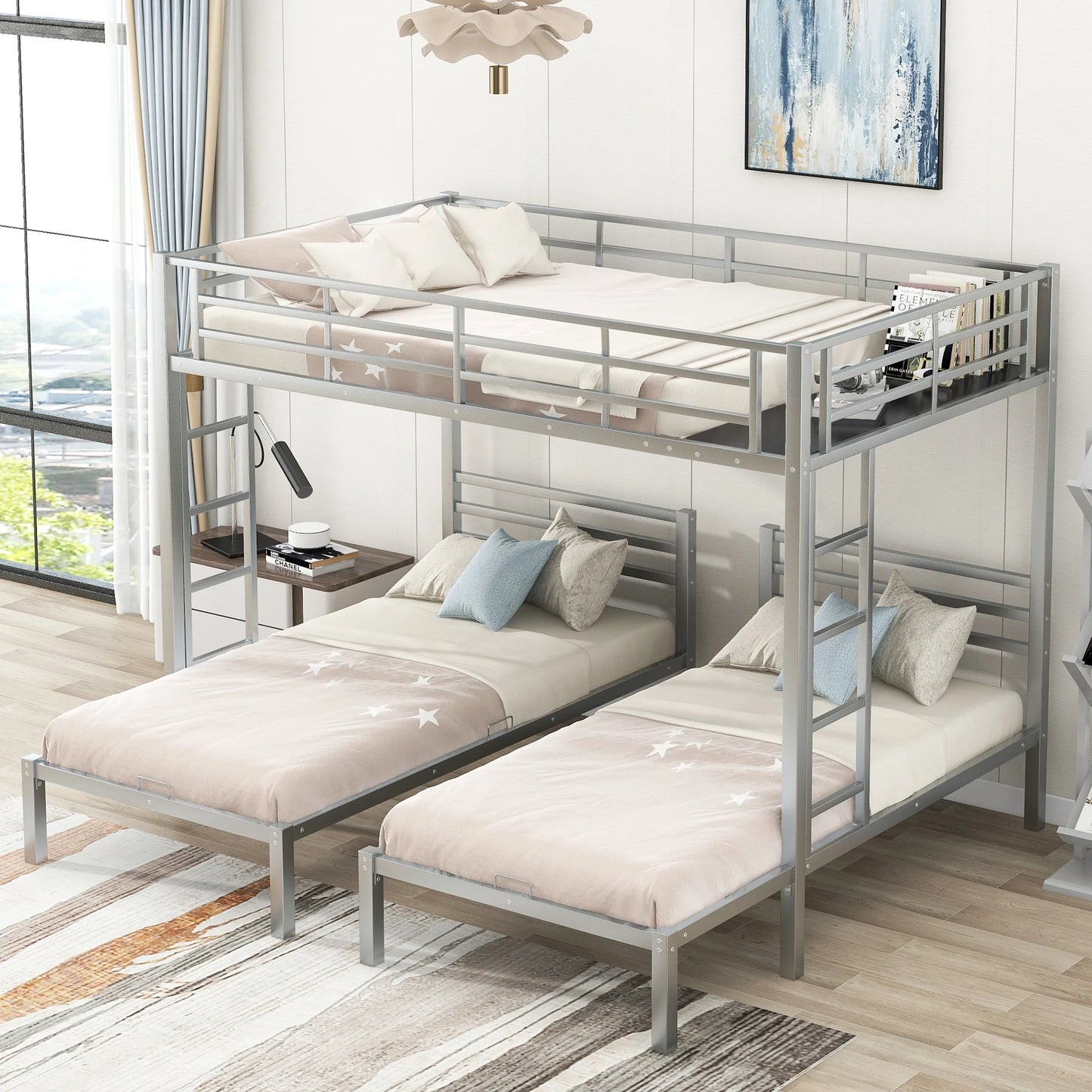 Full over Twin And Twin Size Bunk Bed with Built in Shelf in Silver