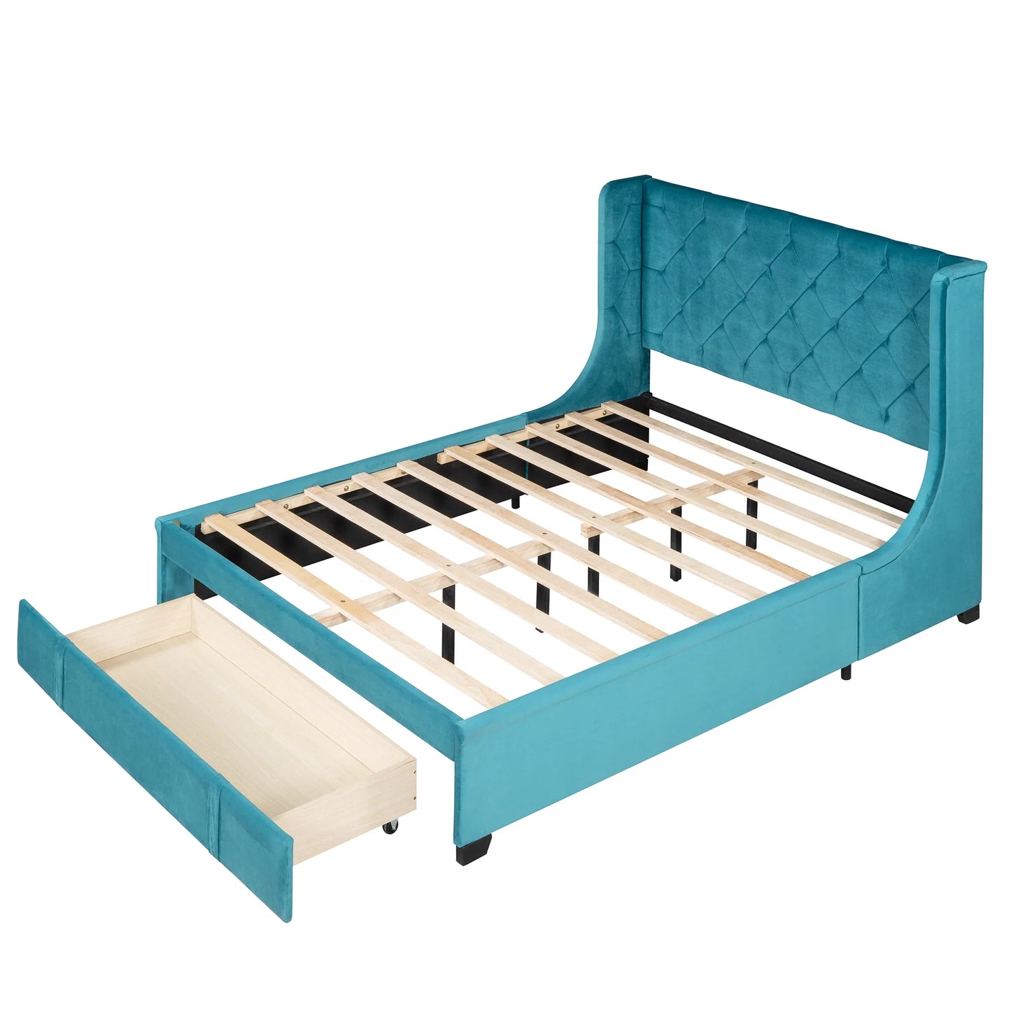 Storage Bed Velvet Upholstered Platform Wingback Headboard Blue