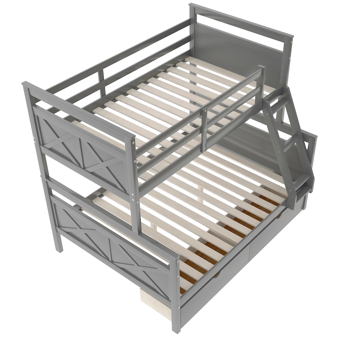 Bunk Bed with Ladder Two Storage Drawers Safety Guardrail in Gray