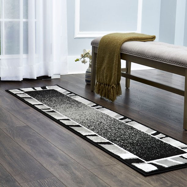 Abstract Border Runner Area Rug Black and Grey 86x21 Inches
