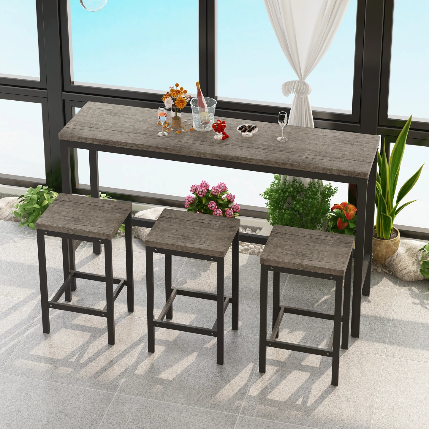 Modern Kitchen Dining Table Long Dining Table Set with 3 Stools in Brown Gray