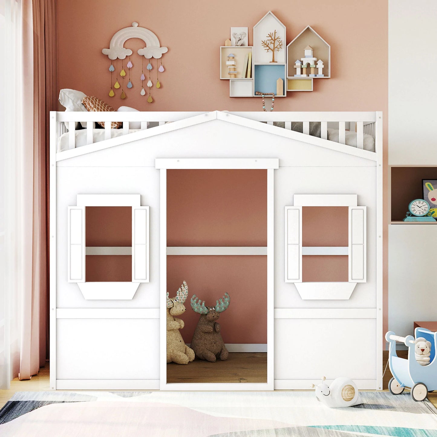 Full Size House Loft Bed With Ladder White