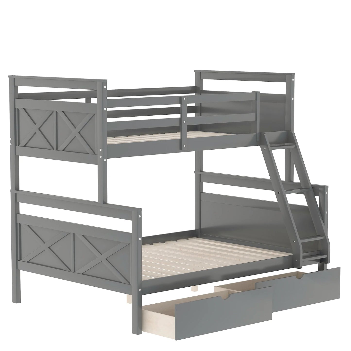 Bunk Bed with Ladder Two Storage Drawers Safety Guardrail in Gray