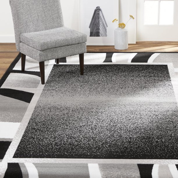 Abstract Border Area Rug Black and Grey 149x110 Inches