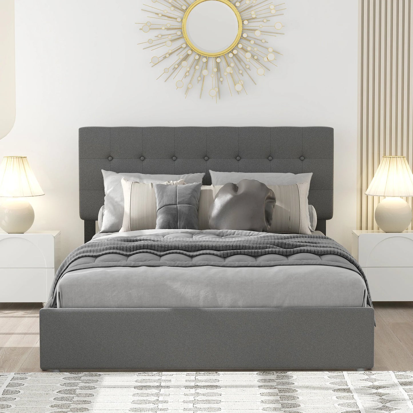Upholstered Platform Bed with Underneath Storage Space in Gray