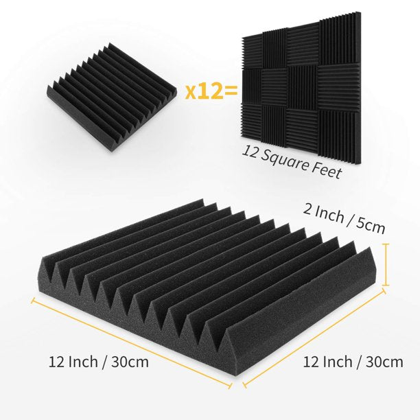 Acoustic Panels Foam for Walls 12 Pack 12x12x2 Inches Black