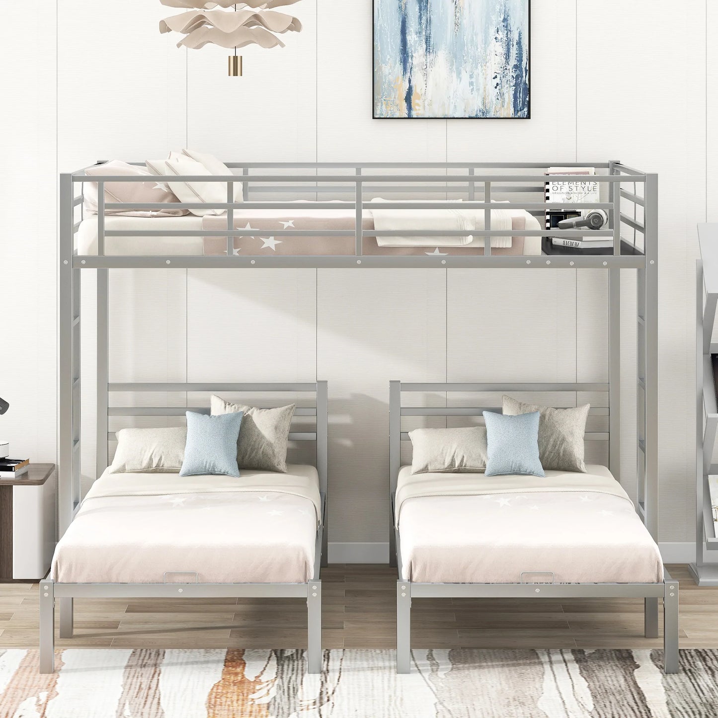 Full over Twin And Twin Size Bunk Bed with Built in Shelf in Silver