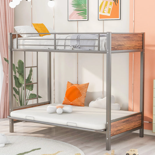 Bed with Guardrails and Ladder in Twin Over Full Futon Bunk Gray