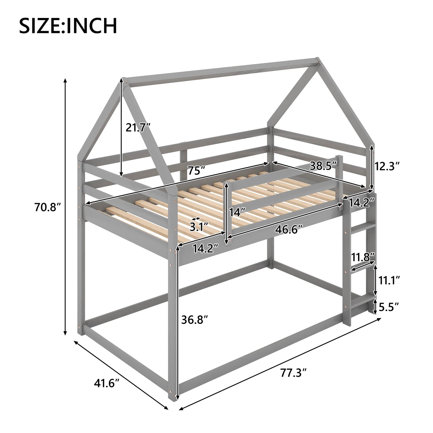 Low Bunk Bed Twin Size in Gray