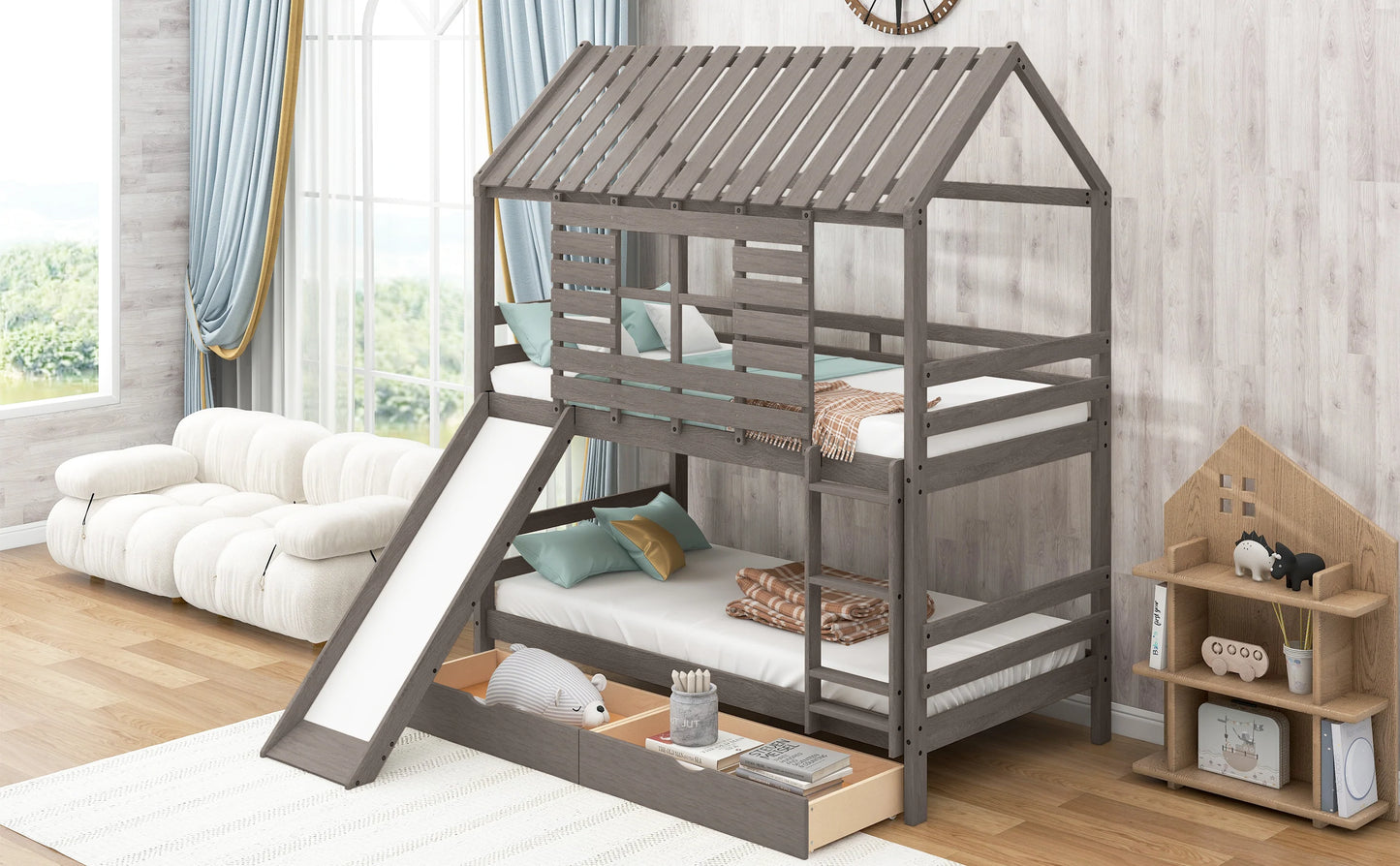House Bunk Bed with Convertible Slide and Two Drawers in Antique Gray