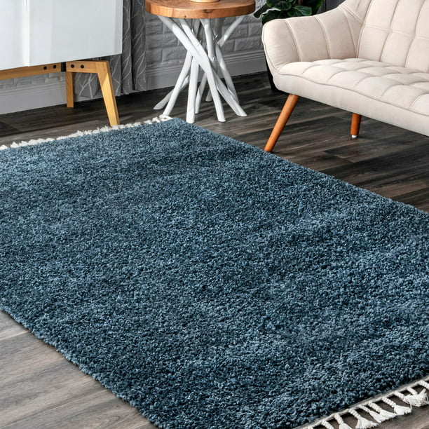 Neva Plush Rug With Tassels Accent Blue
