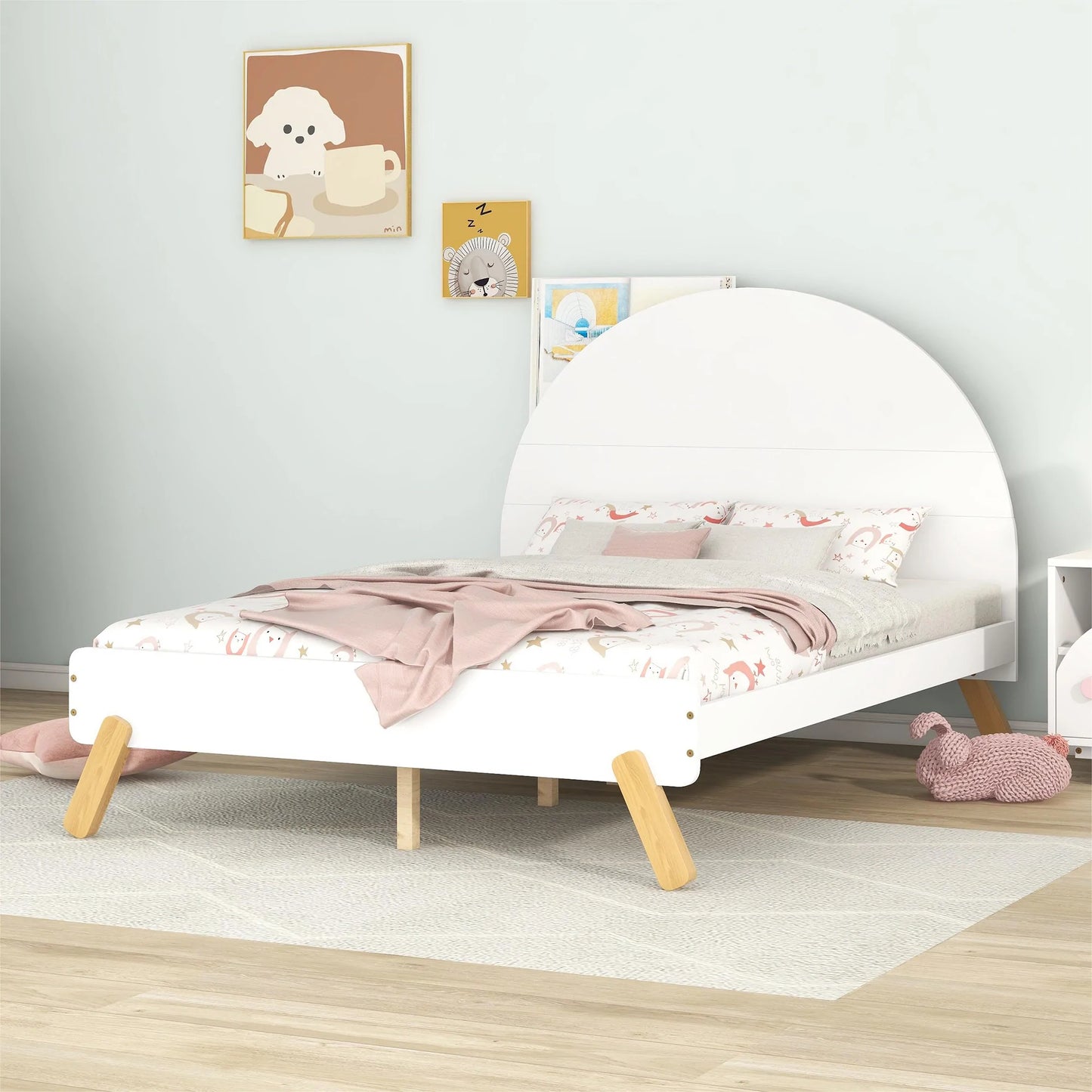 Wooden Bed With Shelf Behind Headboard Full Size in White