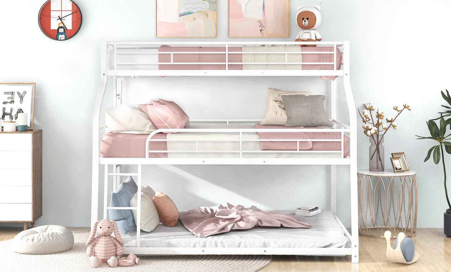 Triple Bunk Bed Long and Short Ladder Full Length Guardrail White