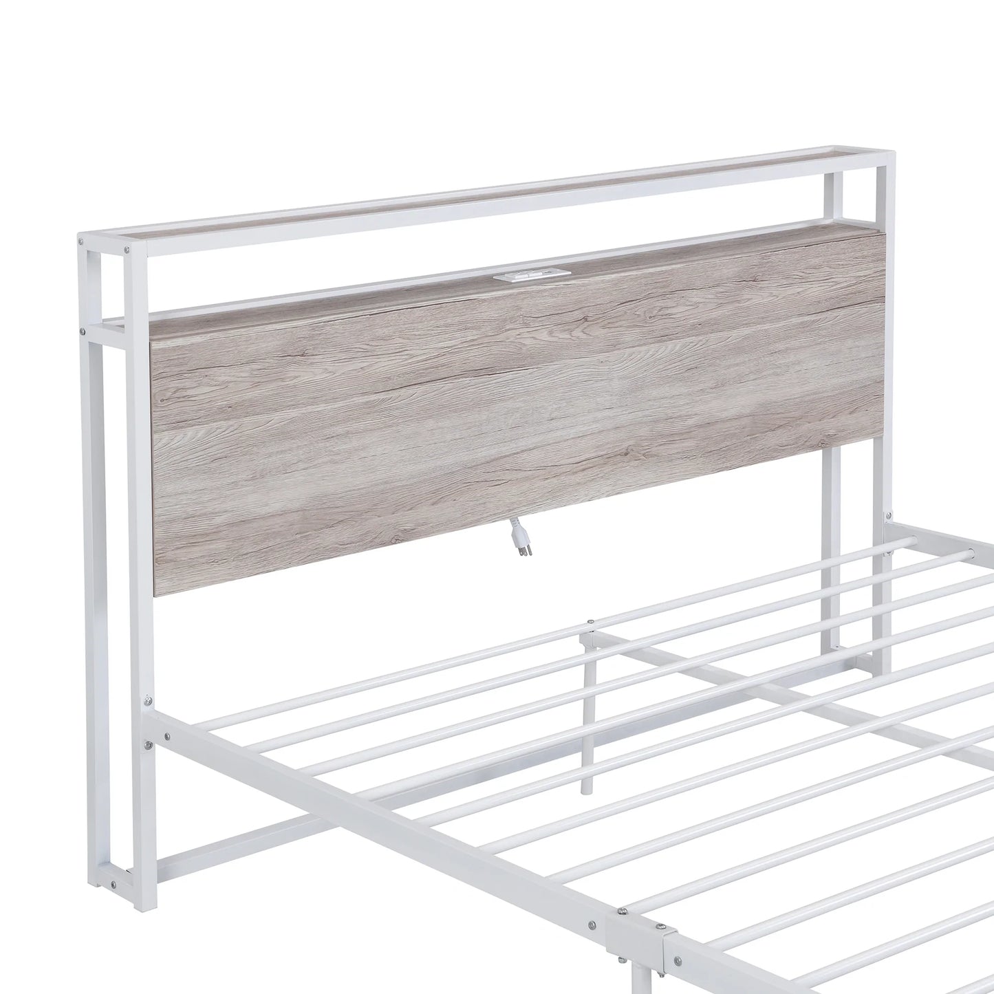 Bed Frame with Sockets USB Ports and Slat Support in Queen White