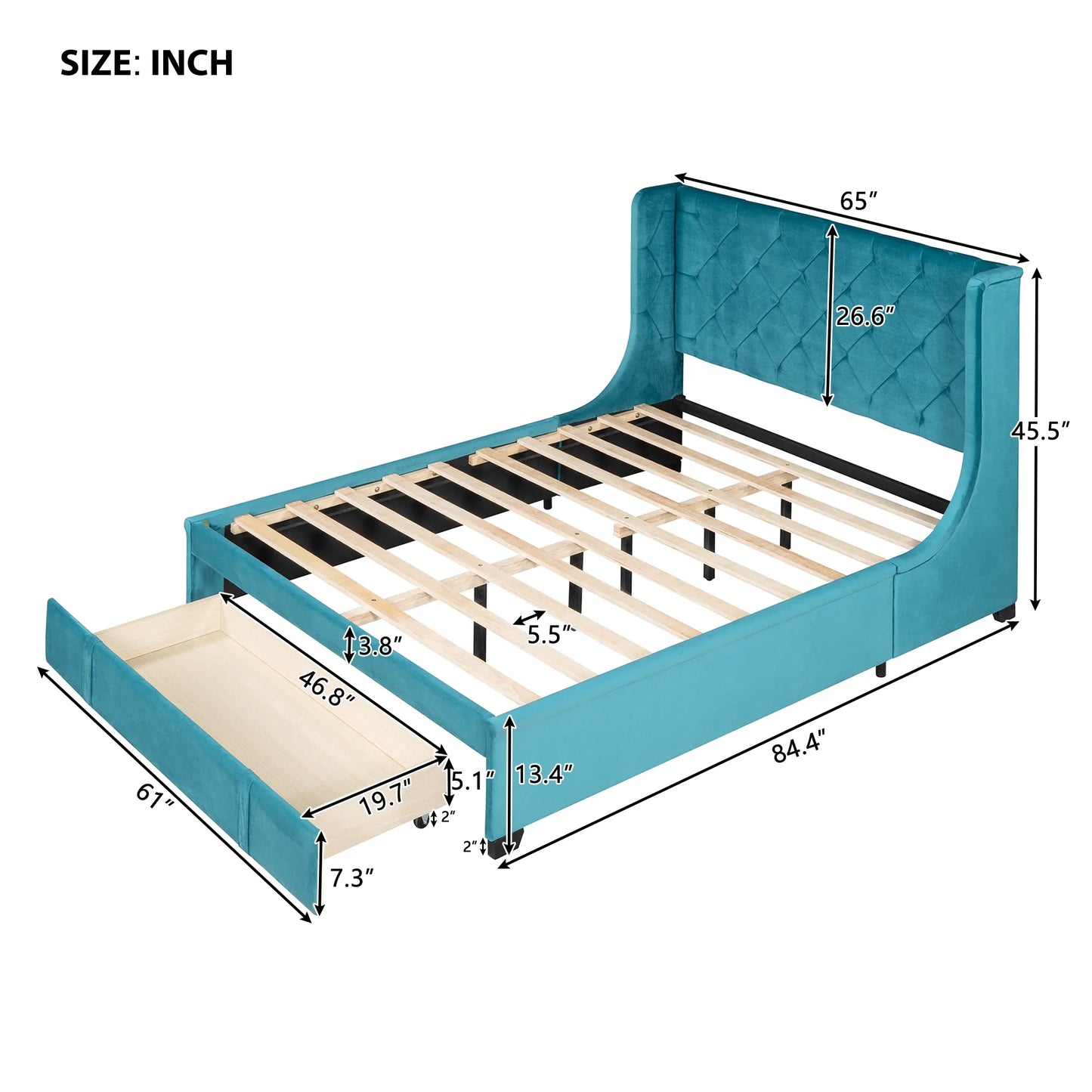 Storage Bed Velvet Upholstered Platform Wingback Headboard Blue