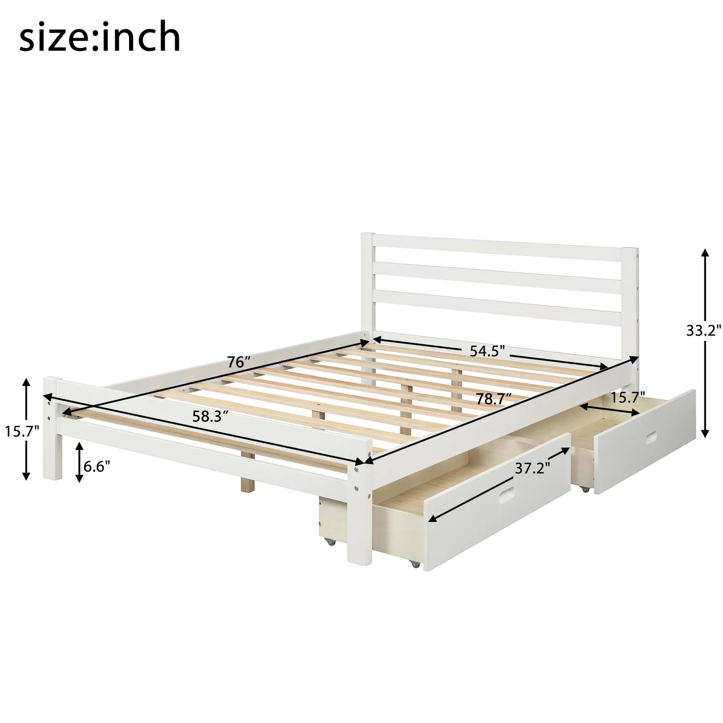 Wood Platform Bed with Two Drawers in Full White