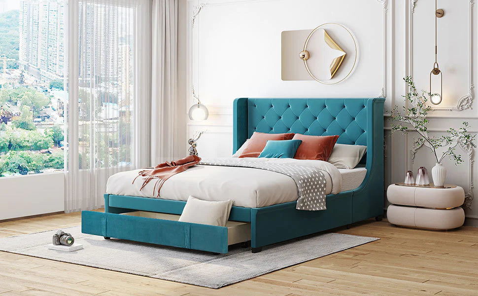Storage Bed Velvet Upholstered Platform Wingback Headboard Blue