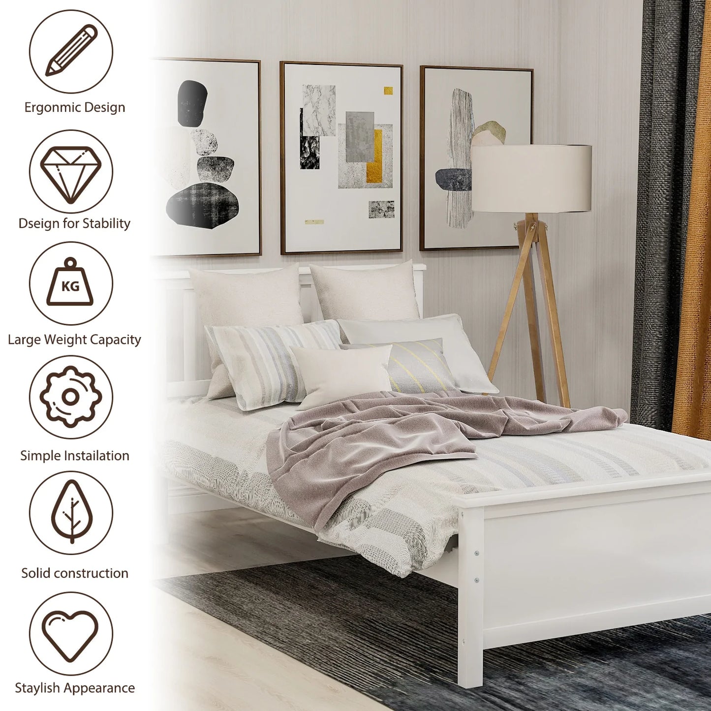 Wood Platform Bed Headboard Footboard Wood Slat Support in White