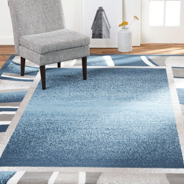 Abstract Border Area Rug Blue and Grey 122x92 Inches