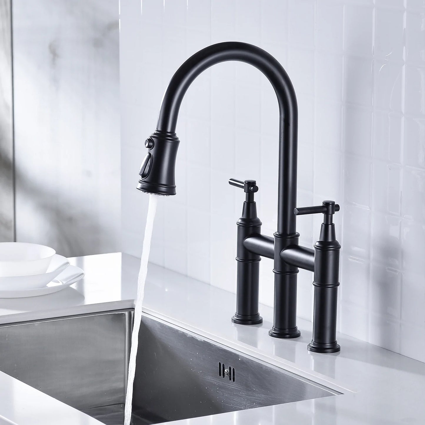 Bridge Kitchen Faucet with Pull-Down Sprayhead in Matte Black