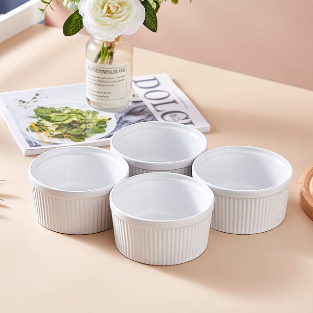 Ceramic Souffle Dish Oven Safe Ramekins 12 Oz Set of 4 in White