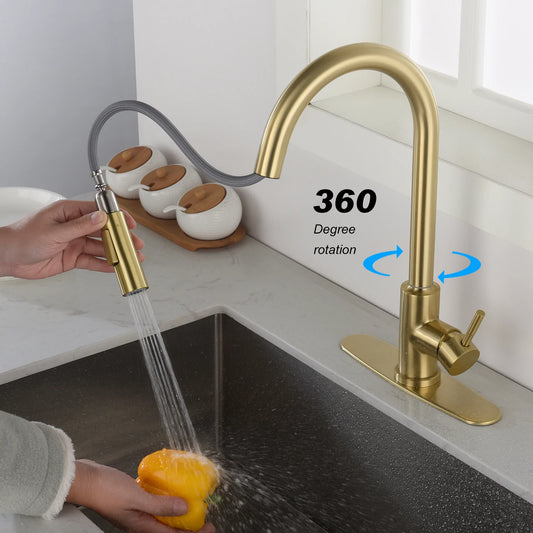 Kitchen Faucet with Pull Down Sprayer in Gold