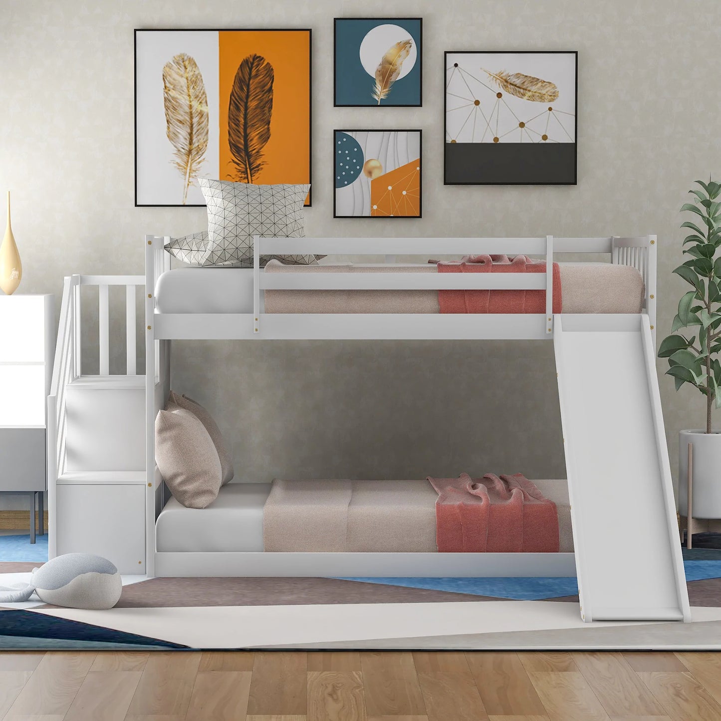 Bunk Bed with Convertible Slide and Stairway in White