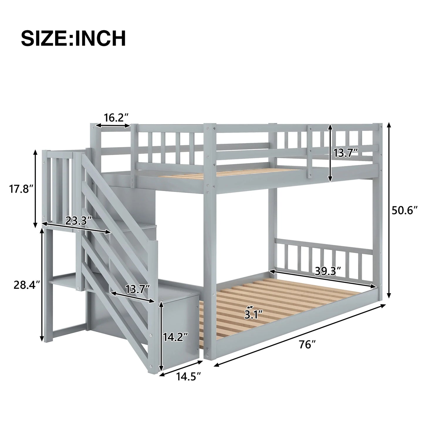 Twin Floor Bunk Bed with Storage in Gray