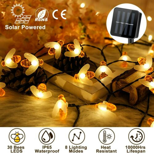 30 LED String Lights Solar Honey Bee Shape