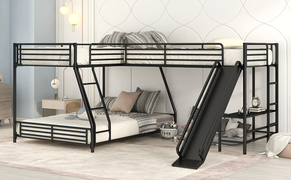 L Shaped Twin over Full Bunk Bed with Twin Size Loft Bed Built in Desk and Slide in Black