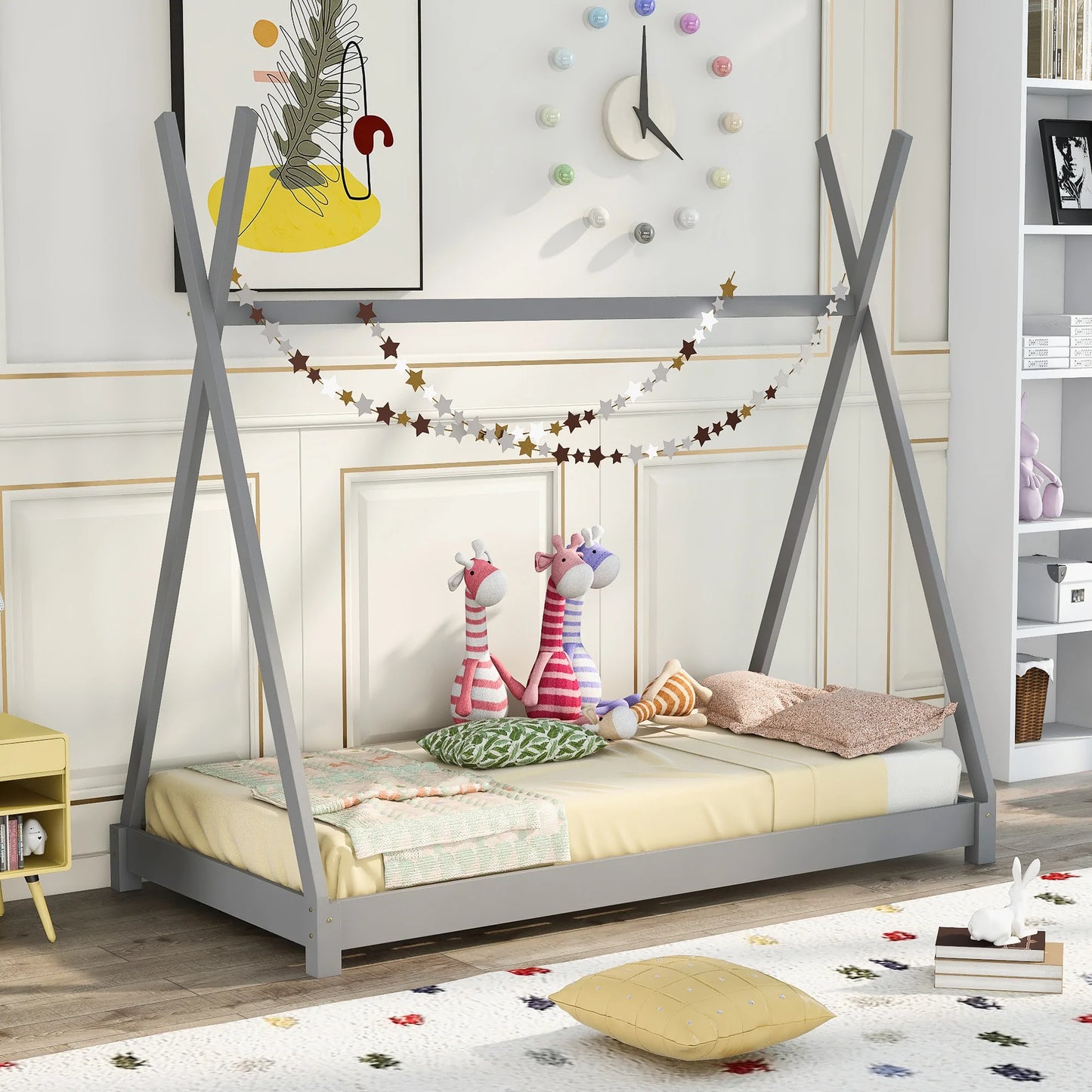 House Platform Bed with Triangle Structure in Gray