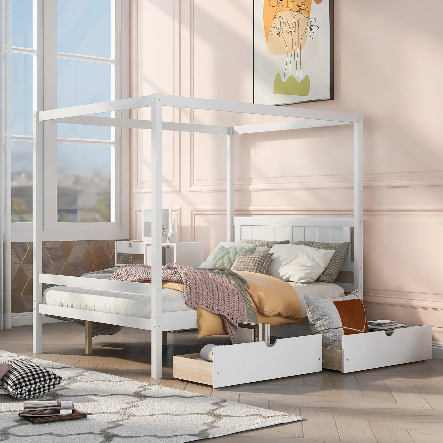 Canopy Platform Bed with Two Drawers With Slat Support Leg in White