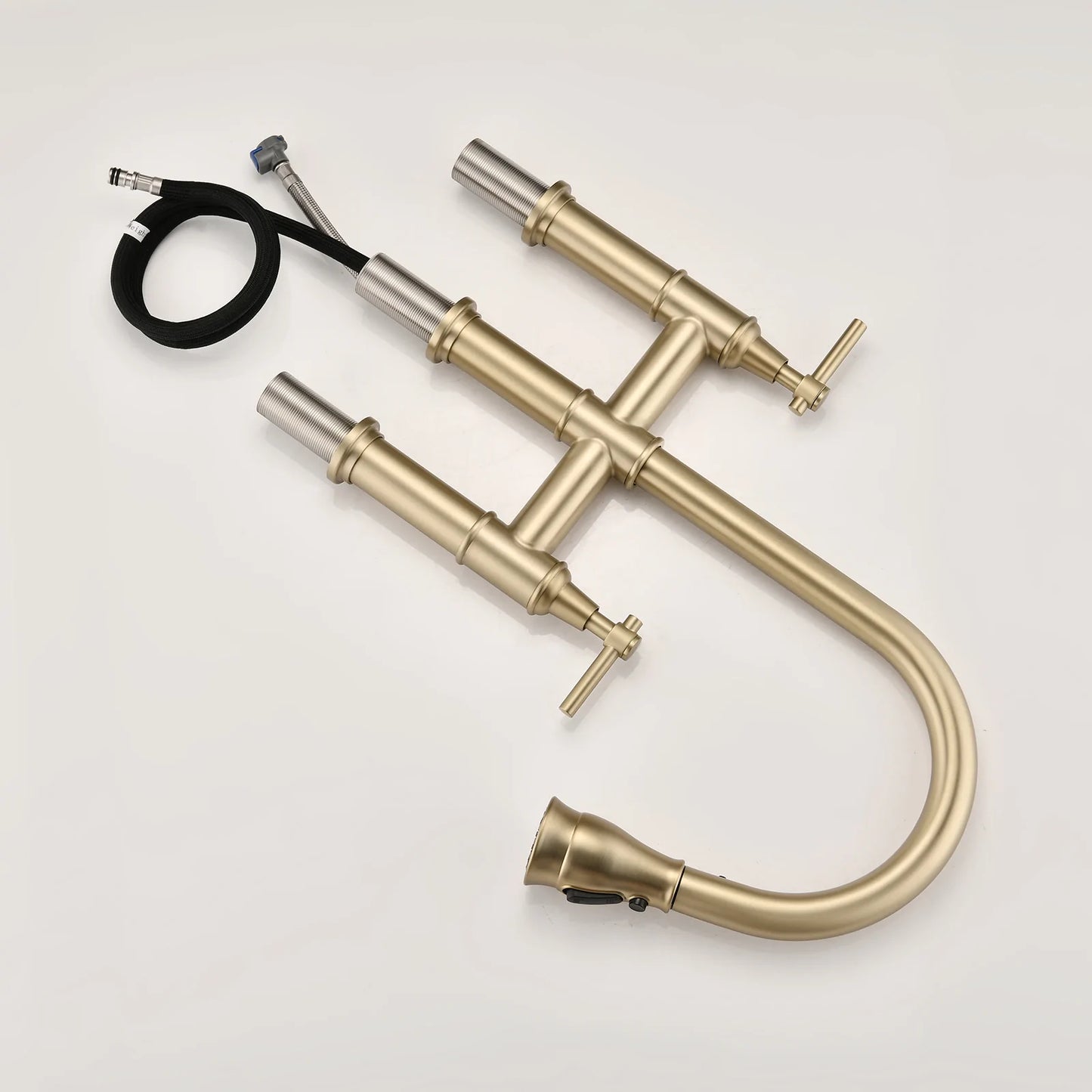 Kitchen Faucet Double Handle With Pull Down Spray Head in Brushed Gold