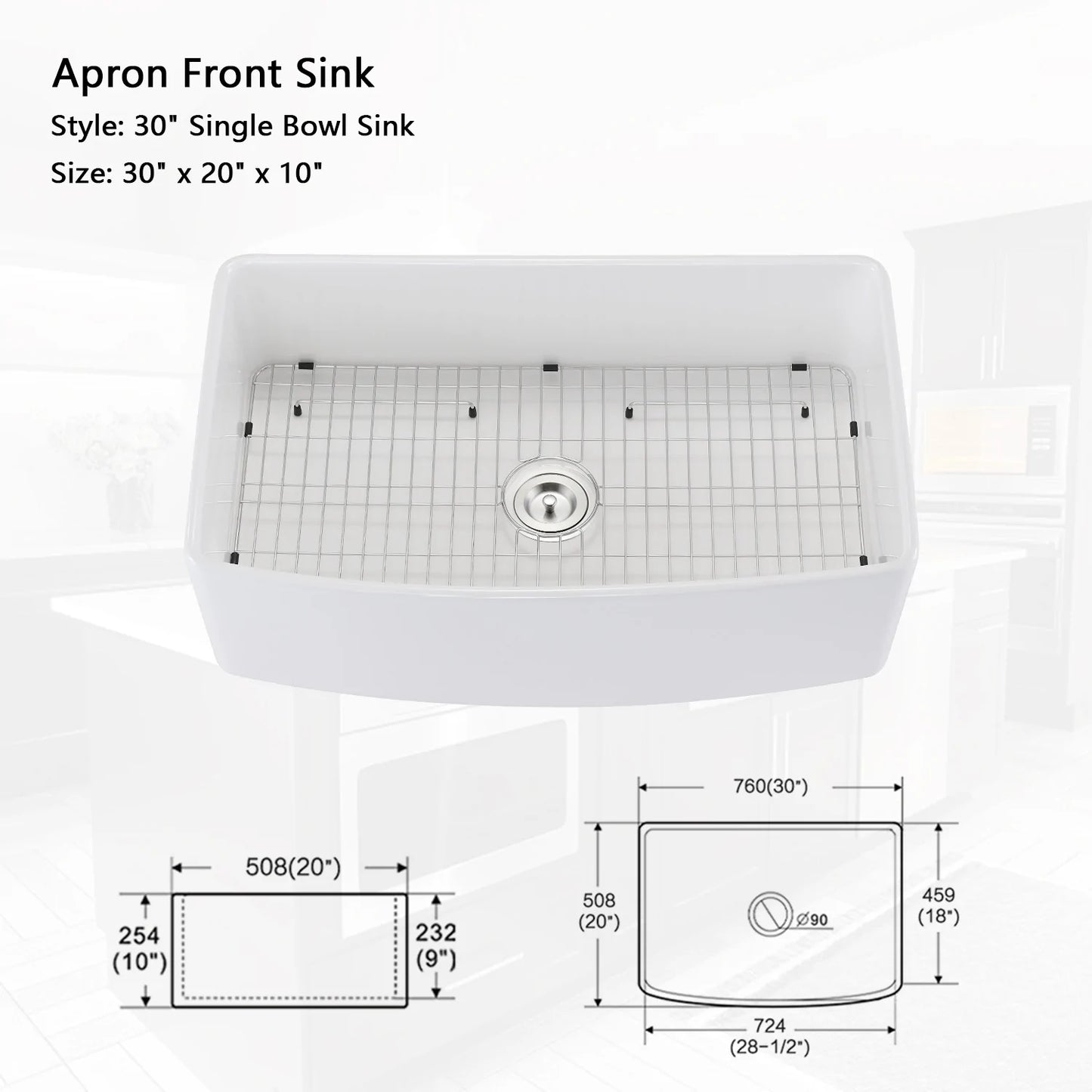 Kitchen Sink Arch Edge Apron Front Single Bowl