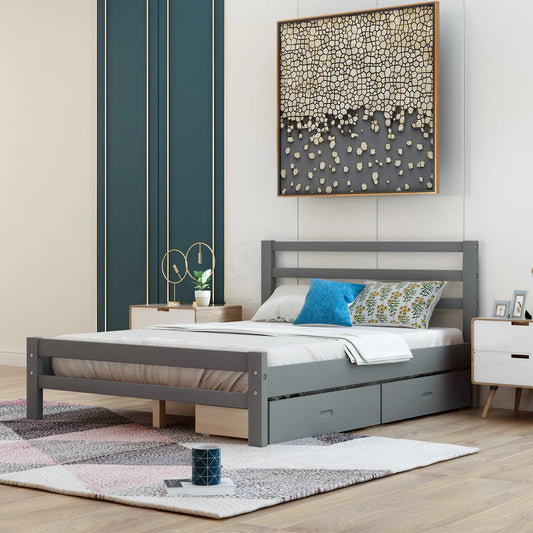 Wood Platform Bed with Two Drawers Full in Gray