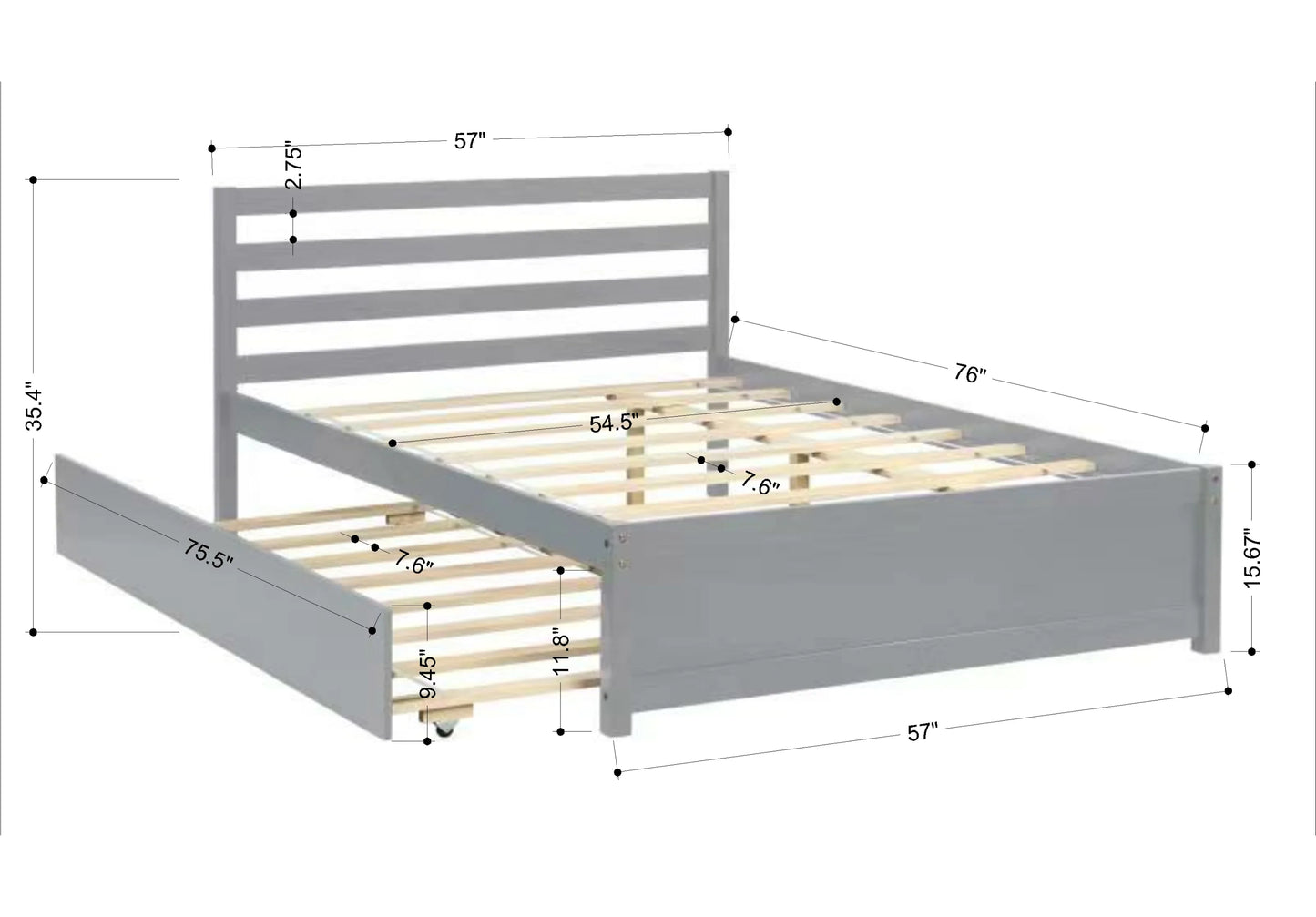 Bed Frame with Headboard and Twin trundle in Full Size Wood