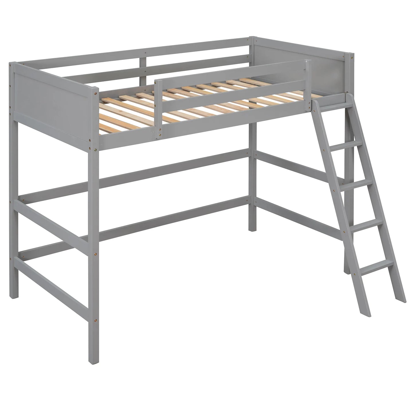 Solid Wood Twin Size Loft Bed with Ladder in Gray