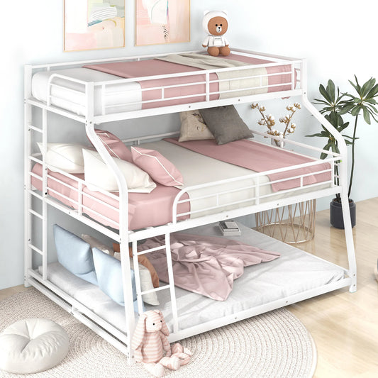 Triple Bunk Bed Long and Short Ladder Full Length Guardrail White