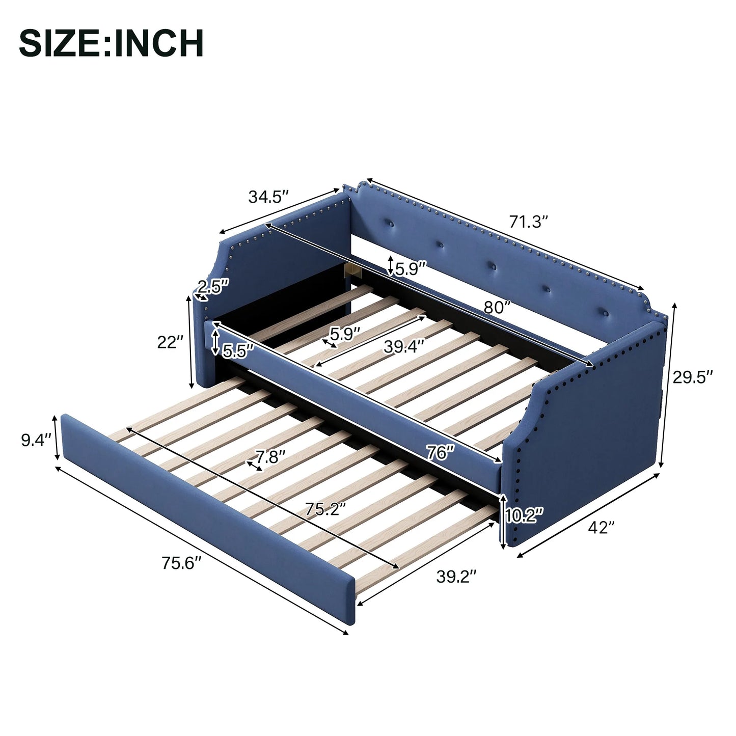 Wood Slat Support Upholstered Frame Sofa Bed Twin in Blue